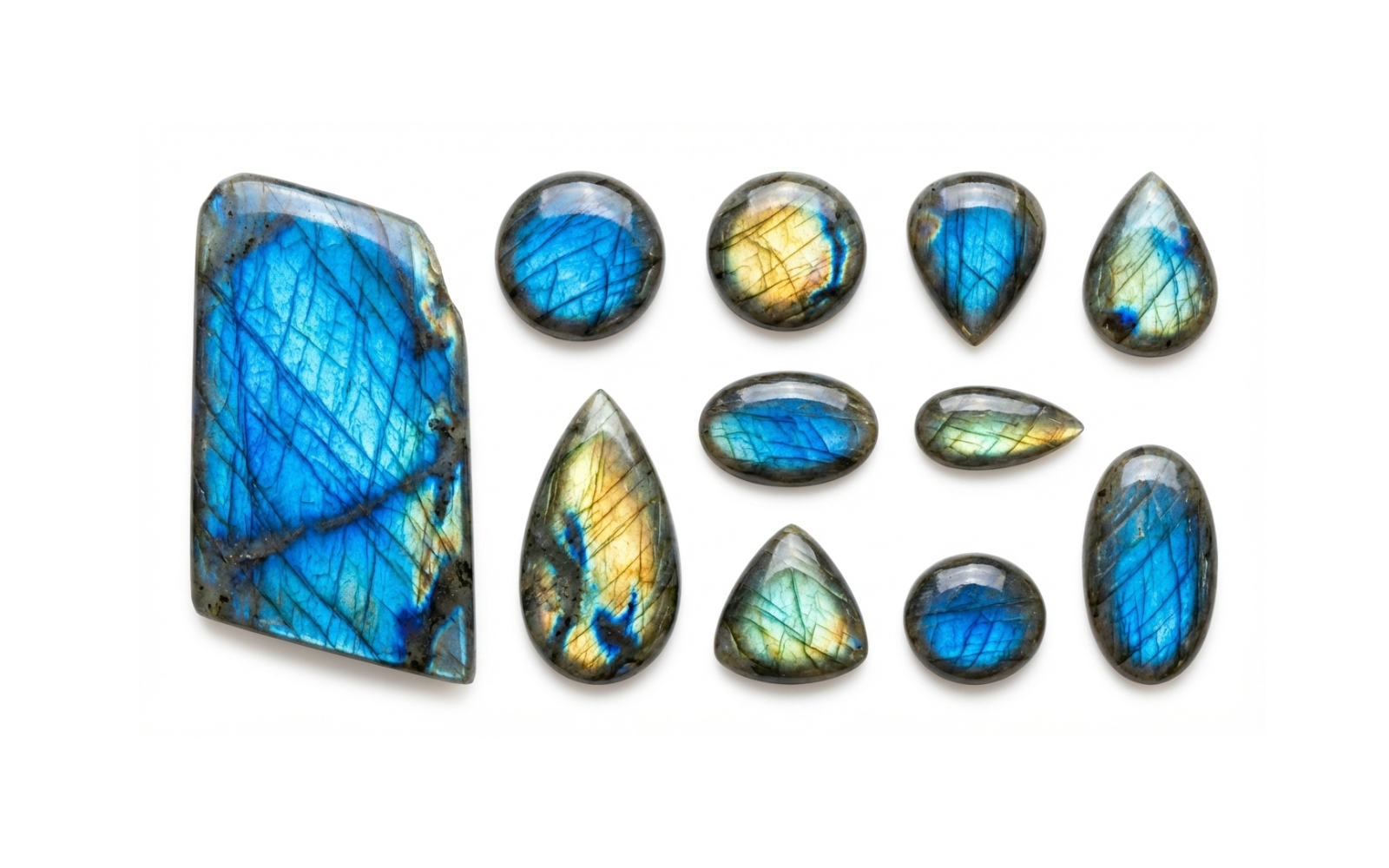 Polished Labradorite gemstones showing vibrant blue, green, and golden labradorescence, symbolizing transformation, new beginnings, and inner growth.