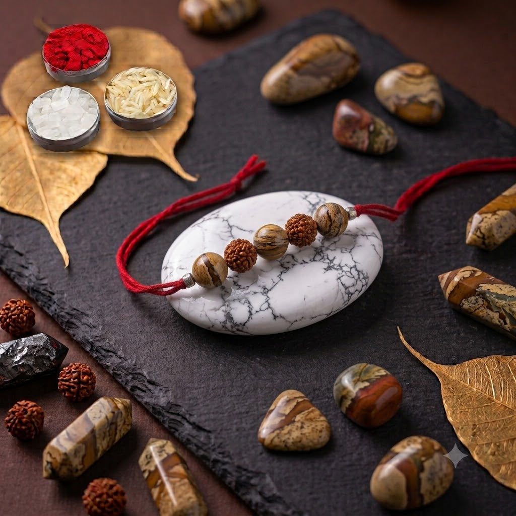 Original Picture Jasper & Rudraksha Crystal Rakhi for Harmony & Protection | Raksha Bandhan 2026