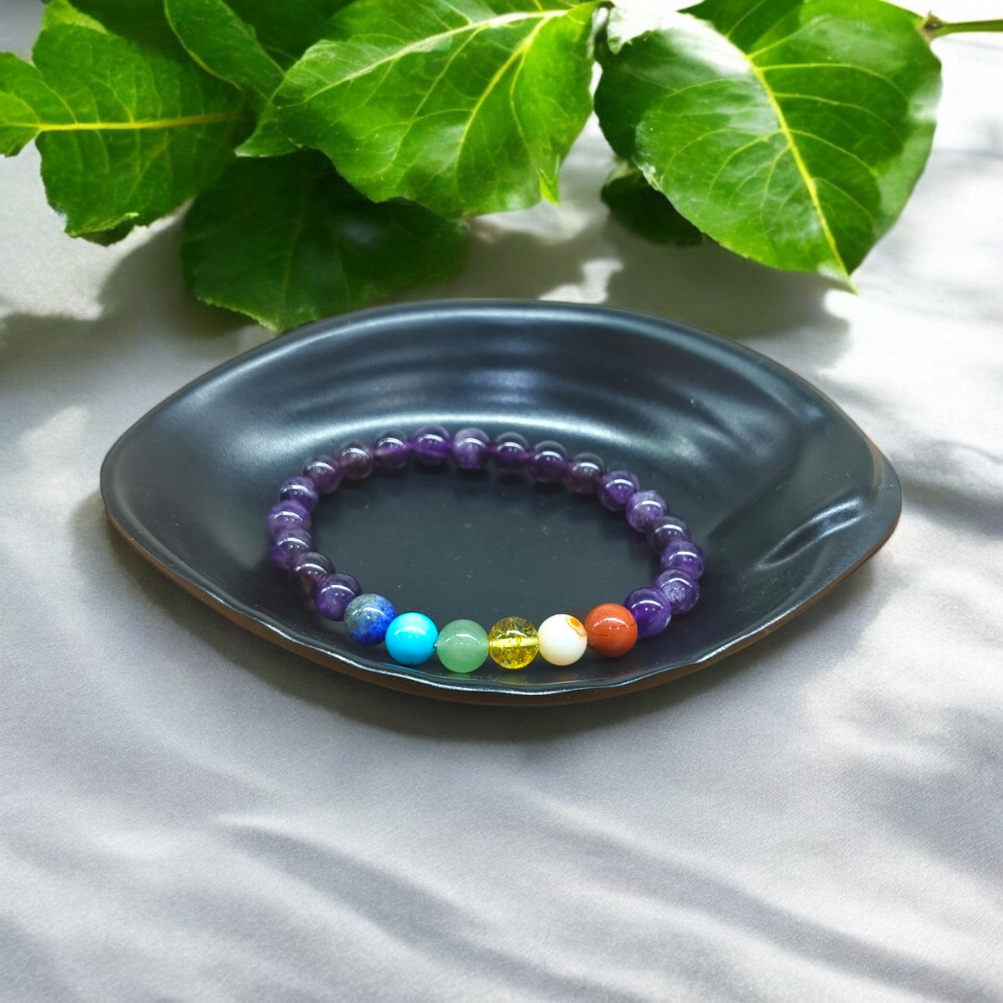 “7 Chakra bracelet with Amethyst beads in 6mm, 8mm and 10mm – natural multicolor crystal bracelet for balance and intuition”