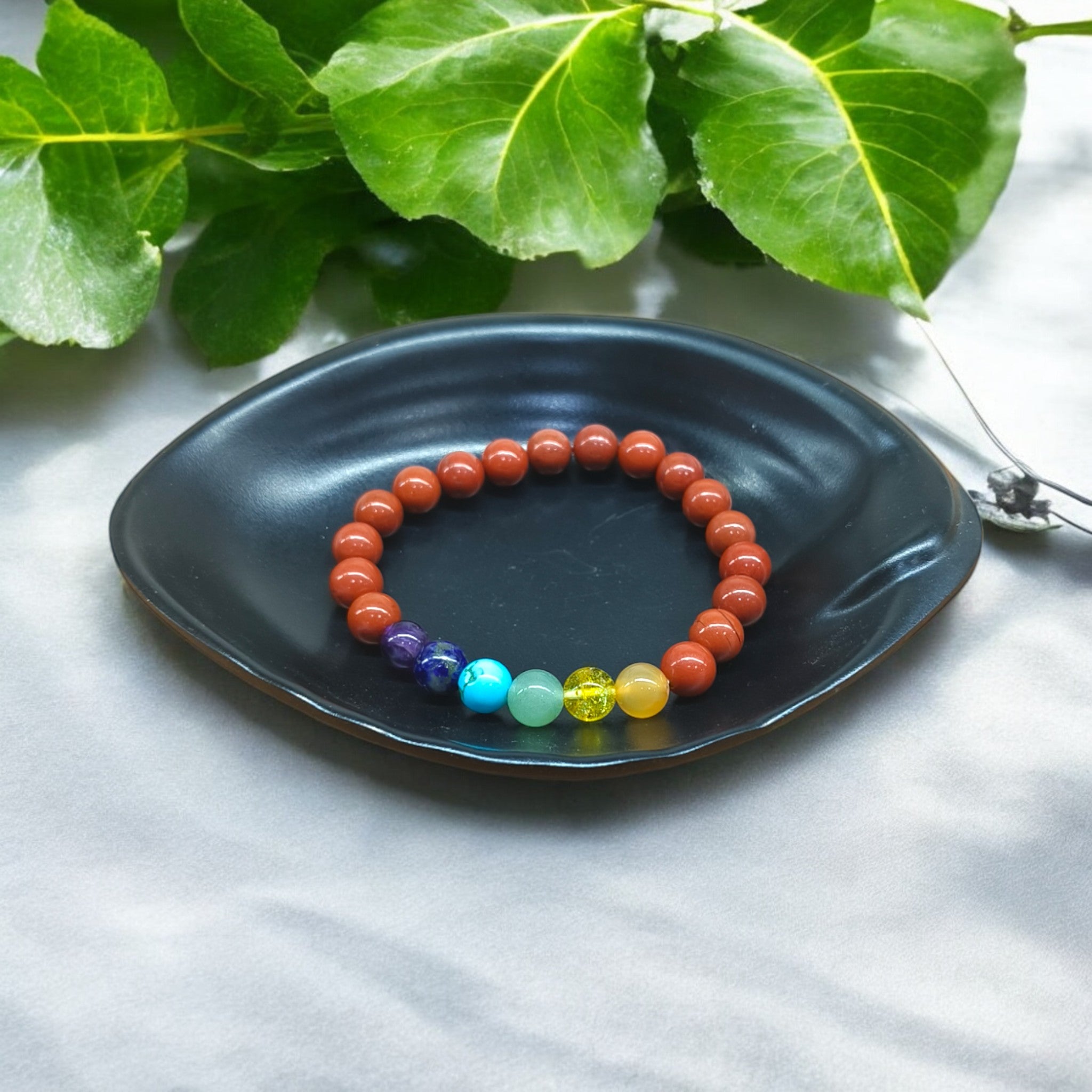 "Handmade 7 Chakra bracelet with Red Jasper main crystal – natural stone beads"