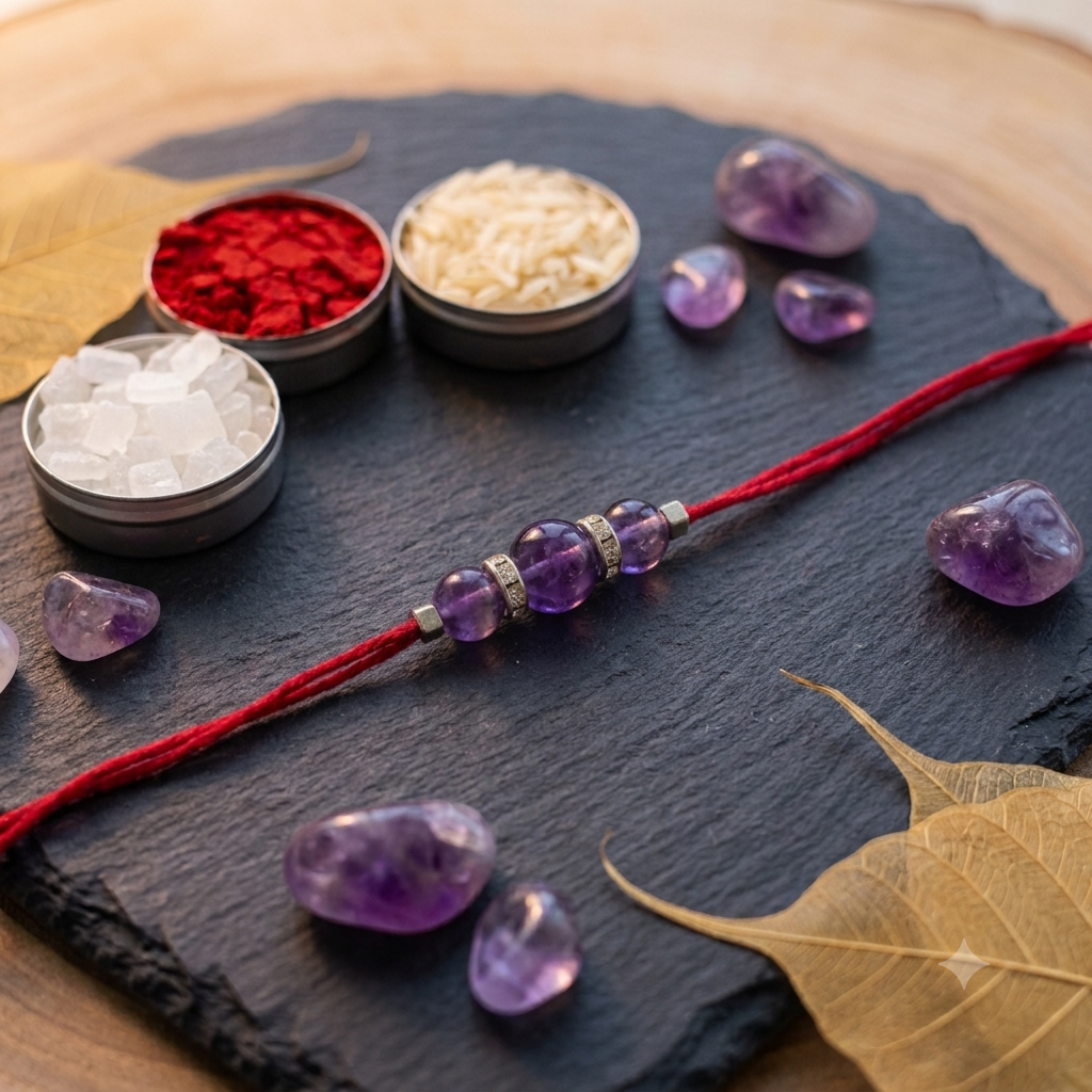 A red cord bracelet with three purple amethyst beads and silver spacer rings, displayed on a dark slate tray with small containers of red and white powder, loose amethyst stones, and dried leaves.