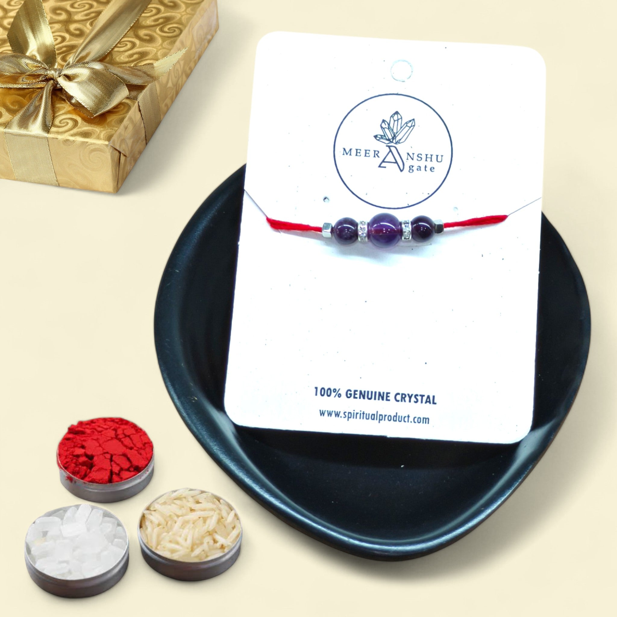 Handmade Amethyst 3-Bead Rakhi symbolizing peace, clarity, emotional balance & protection. Simple, elegant, natural crystal rakhi by Meeranshu Crystals.