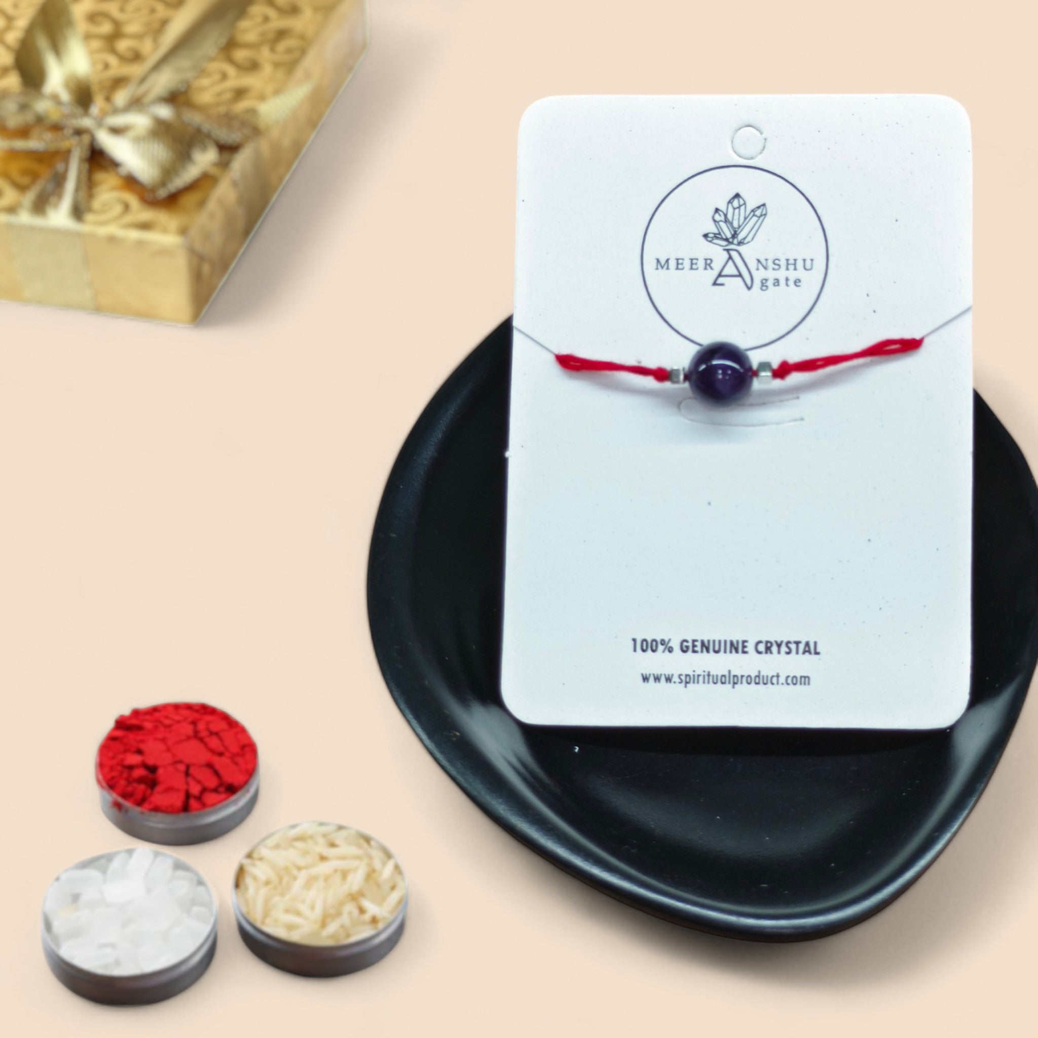 “Amethyst 1-bead rakhi with single 10mm purple bead on traditional thread – minimal crystal rakhi”