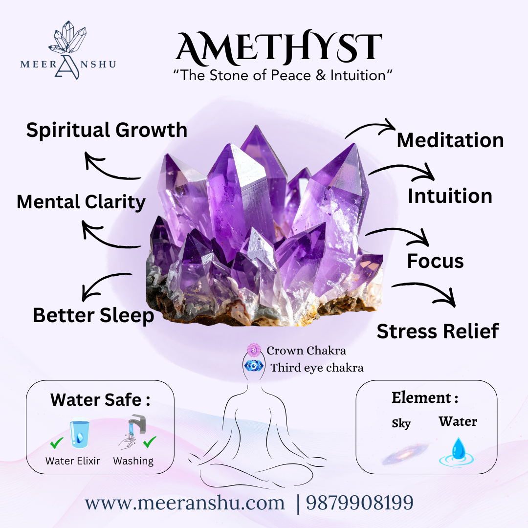 Amethyst crystal with its benefits and properties on a light purple background