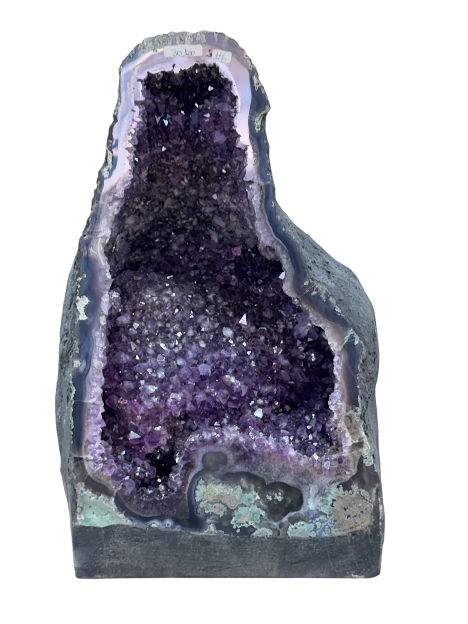 30.6 kg natural Amethyst cluster with deep purple crystals and cave-like formation in white background