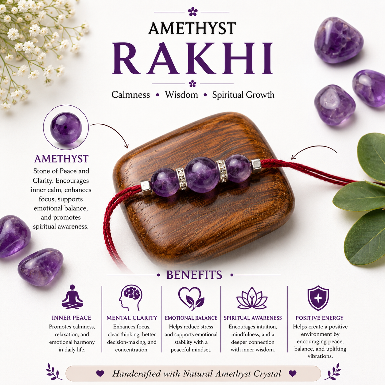 An amethyst crystal bead bracelet with a red cord and silver spacer, displayed on a polished wooden block. The image is a styled flat-lay featuring purple amethyst crystals, green leaves, and white baby's breath on a white background, with text detailing the benefits of amethyst and the name 'Amethyst Rakhi'.