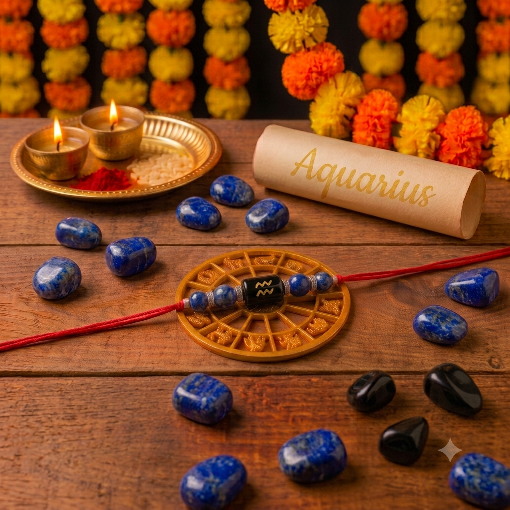 An Aquarius-themed rakhi with Lapis Lazuli stone beads and a black zodiac symbol, laid on a wooden table with a gold zodiac wheel, blue and black tumbled stones, a gold cylindrical scroll reading 'Aquarius', and two lit brass candles.