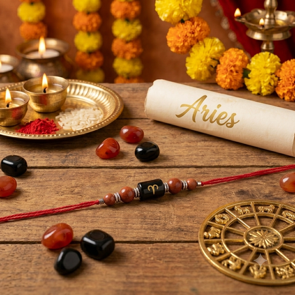 Aries Zodiac Crystal Rakhi with Natural Red Jasper