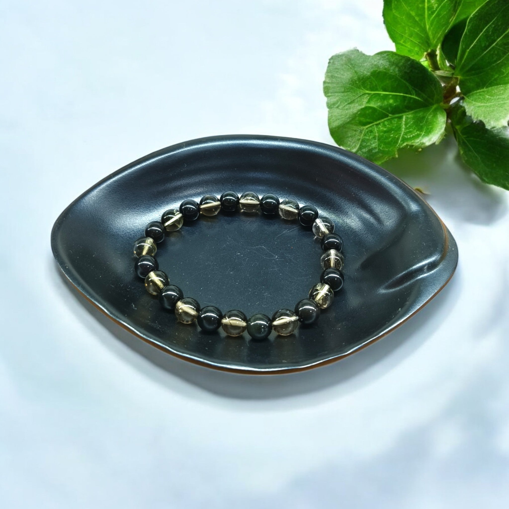 BLACK OBSIDIAN WITH SMOKY QUARTZ 8 MM  AAA