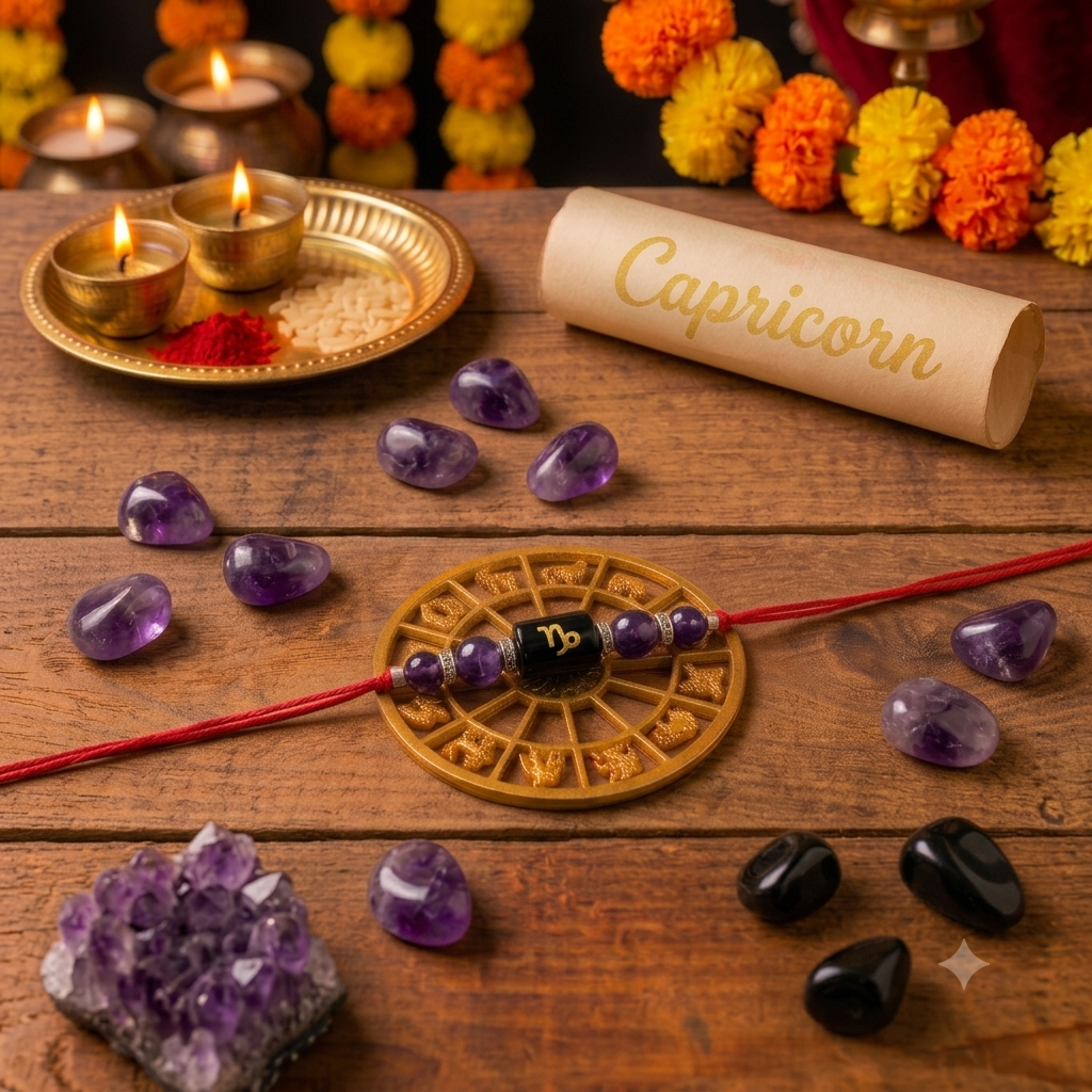 A zodiac-themed Capricorn Rakhi laid out on a rustic wooden table with purple amethyst stones, a gold zodiac wheel, a rolled paper scroll reading 'Capricorn,' and lit brass oil lamps in the background.