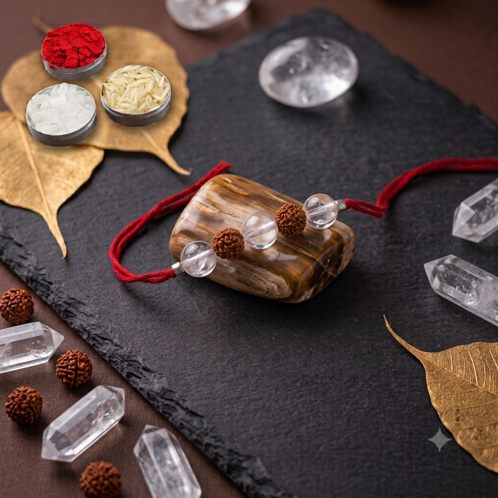 Original Clear Quartz and Rudraksha Rakhi for Clarity & Protection