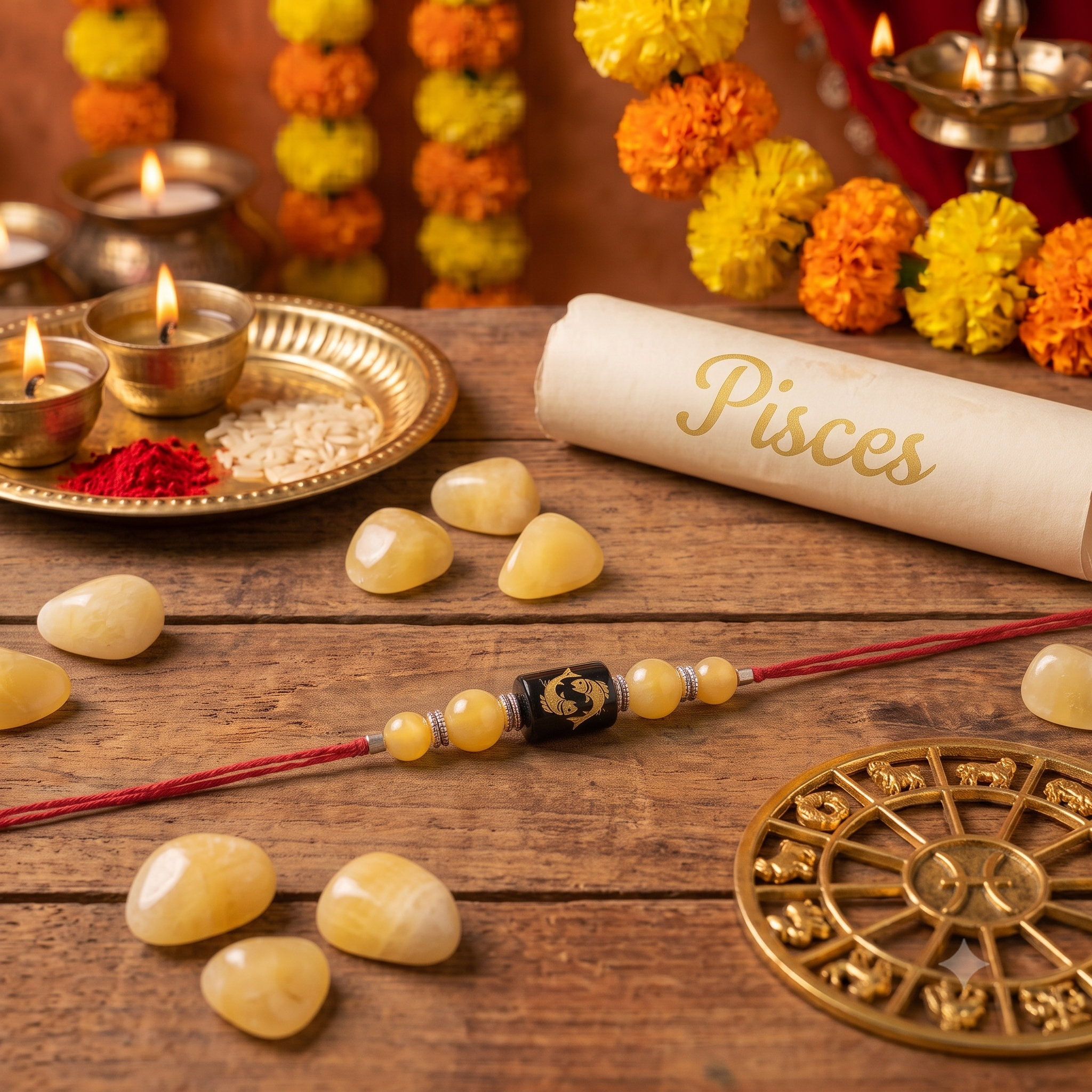 Pisces (Meen) Rashi Rakhi – Yellow Calcite Crystal Rakhi
