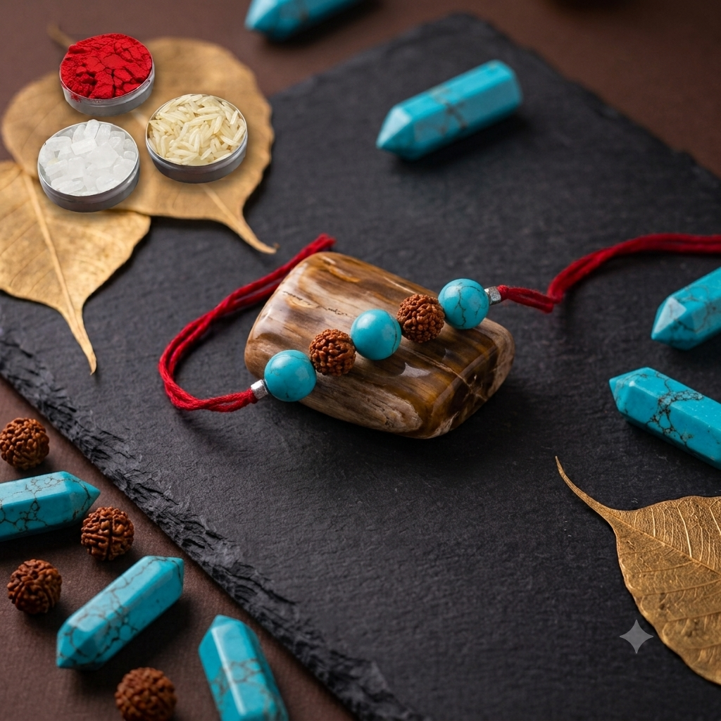 A beaded spiritual Rakhi with turquoise-blue round beads, brown Rudraksha seed beads, and a red cord, displayed on a polished brown stone. The setup is styled on a dark slate with gold leaves, small bowls of powders, and additional turquoise crystal points.