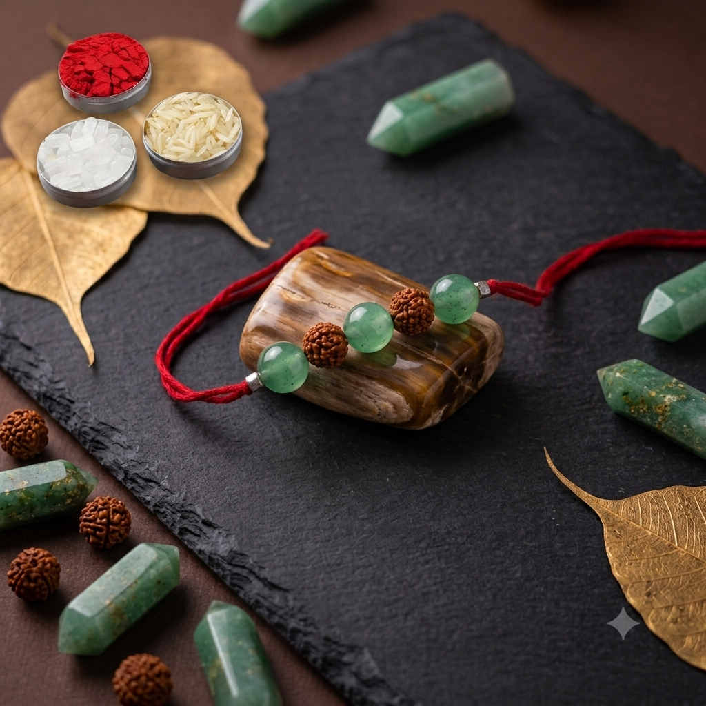 Original Green Aventurine and Rudraksha crystal Rakhi on adjustable red thread with Roli Chawal pack