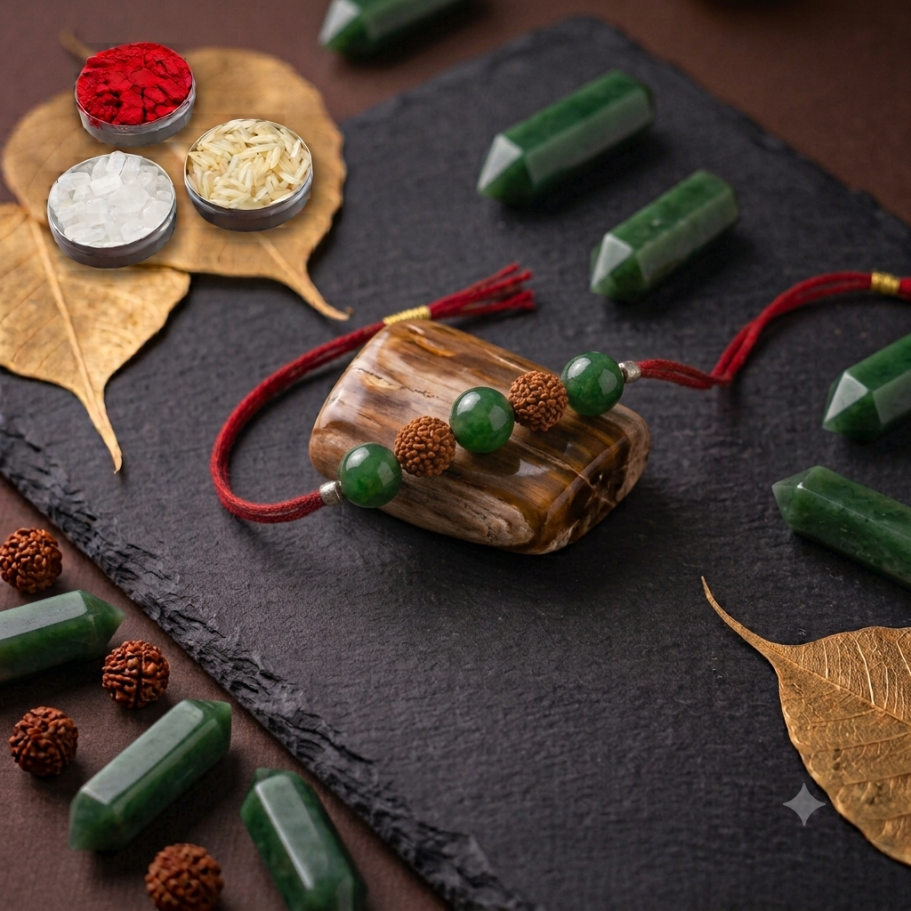 Original Green Jade and Rudraksha crystal Rakhi on an adjustable red thread, styled with traditional Raksha Bandhan pooja accessories on a dark slate background.