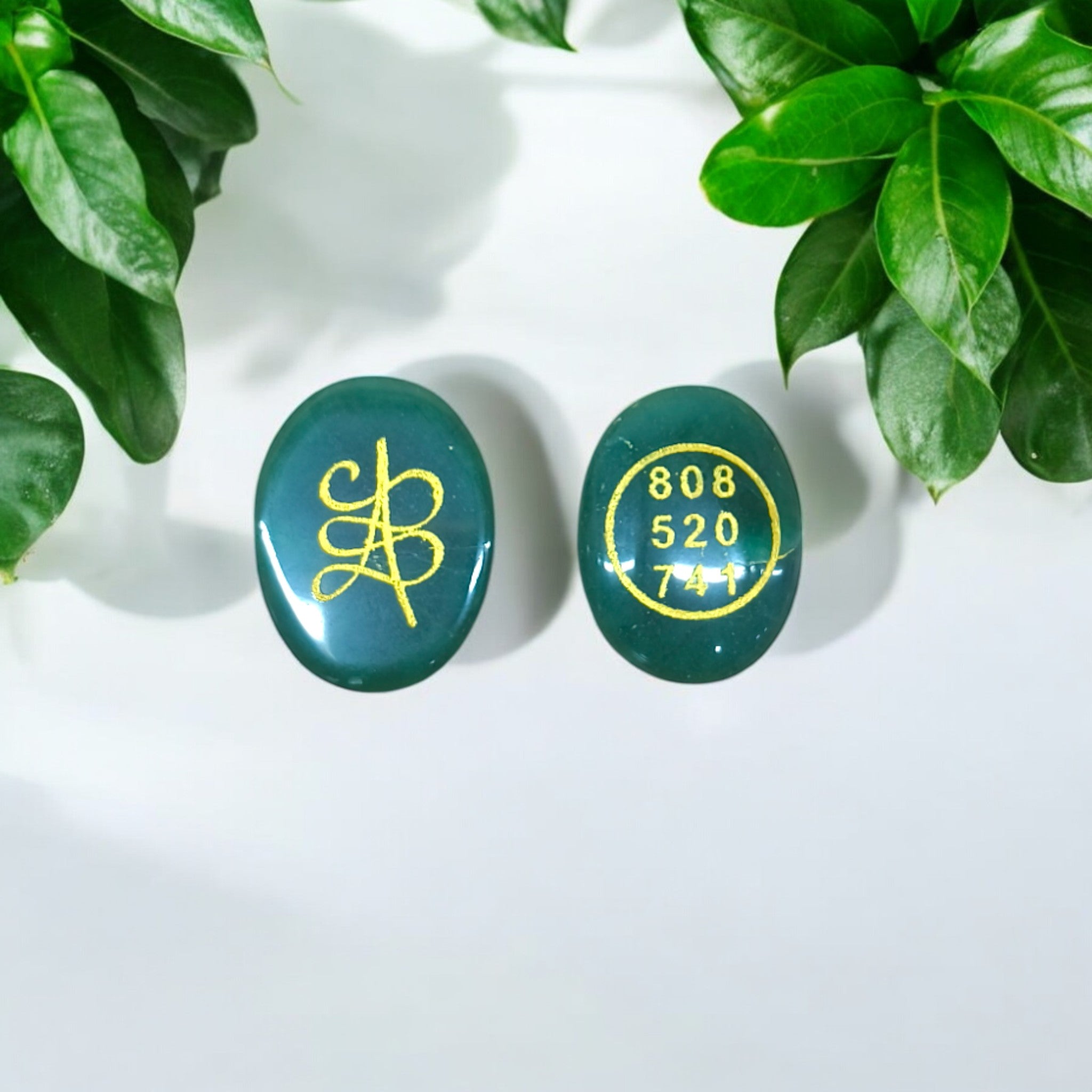 green jade coins with engraved symbols and numbers placed on a surface showing front and back side of same coin with green leaves in the background.