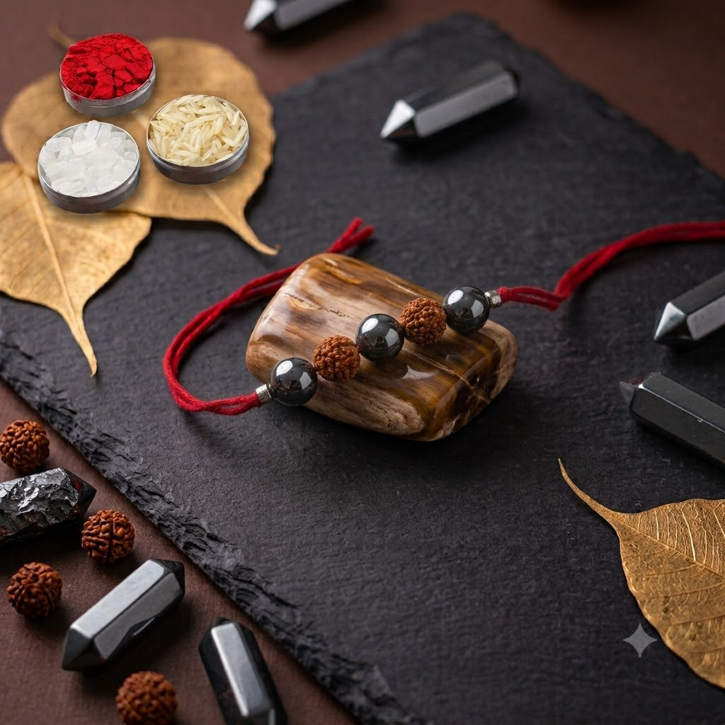 Original Hematite and Rudraksha crystal Rakhi on an adjustable red thread, styled with traditional Raksha Bandhan pooja accessories on a dark slate background.