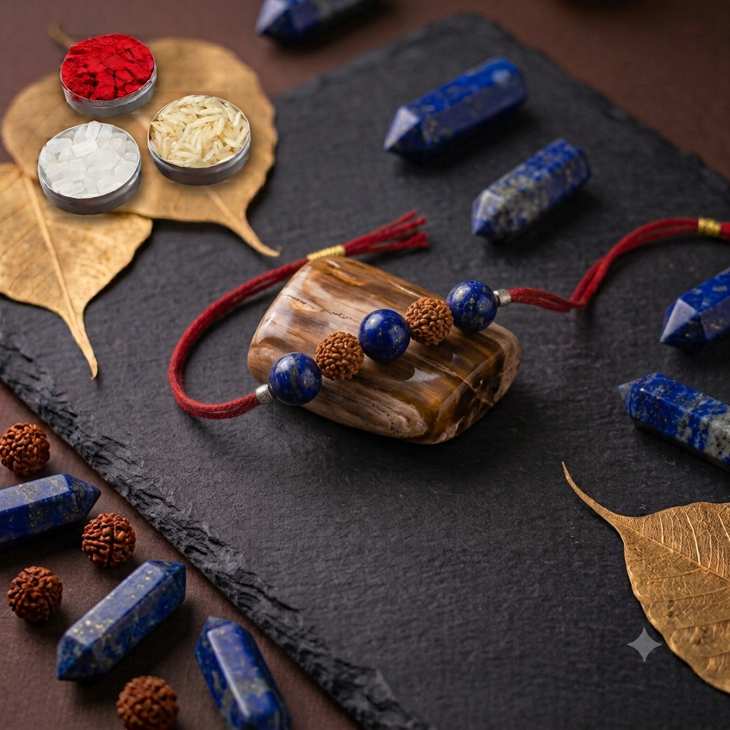 Original Lapis Lazuli and Rudraksha crystal Rakhi on an adjustable red thread, displayed with traditional Raksha Bandhan pooja accessories on a dark stone background.