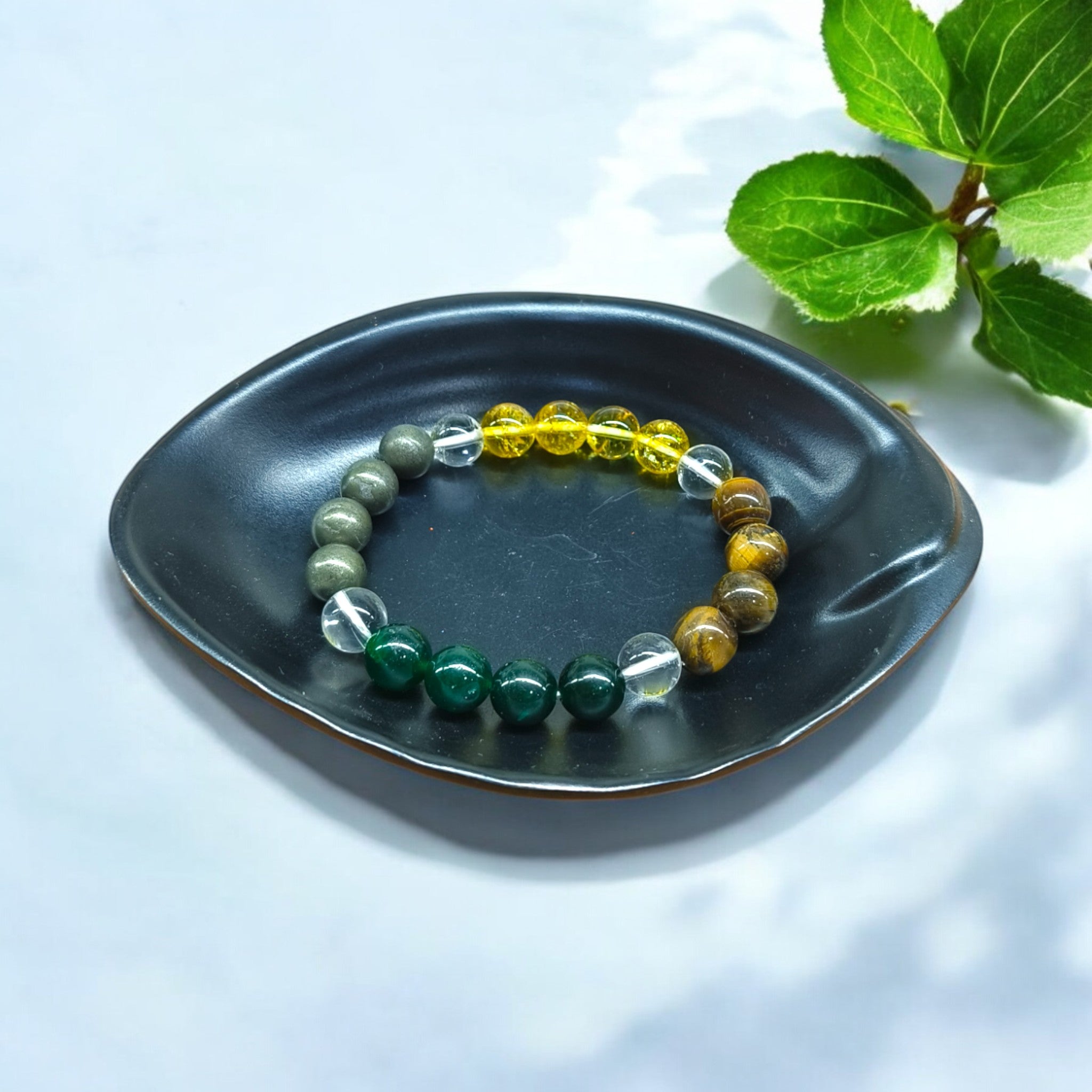 Money attraction bracelet with Green Jade, Citrine, Tiger Eye, Pyrite and Clear Quartz beads in 10mm.