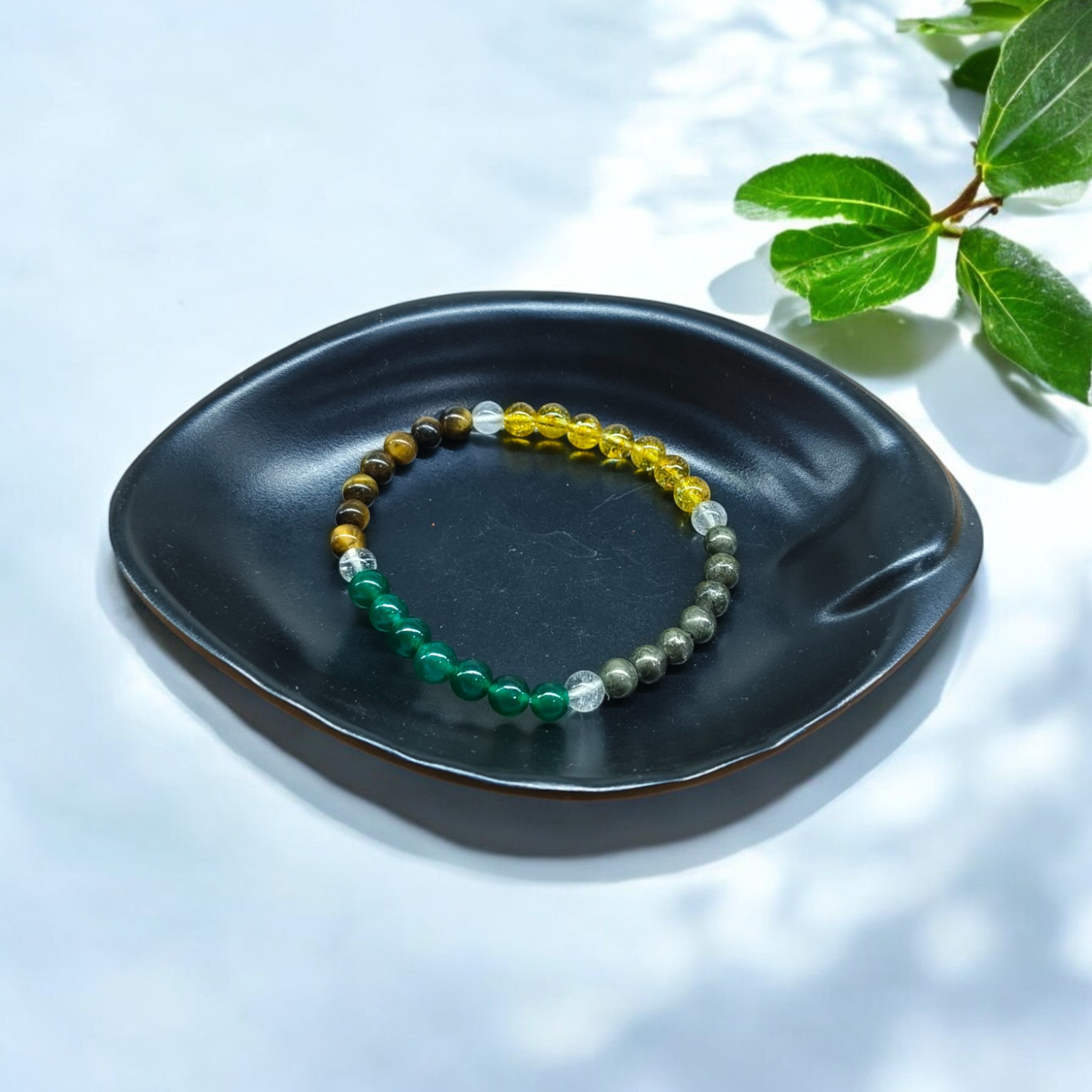 “Money attraction bracelet with Green Jade, Citrine, Tiger Eye, Pyrite and Clear Quartz beads in 6mm.