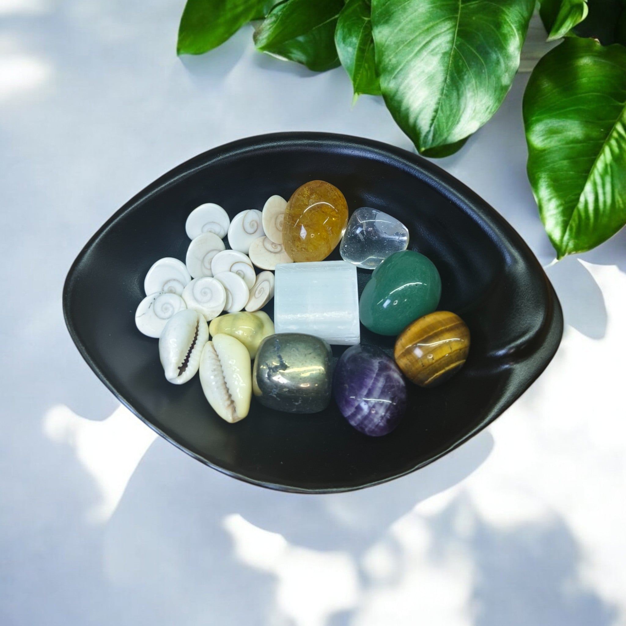All Money crystals and laxmi symbols in black bowl representing money magnet kit.