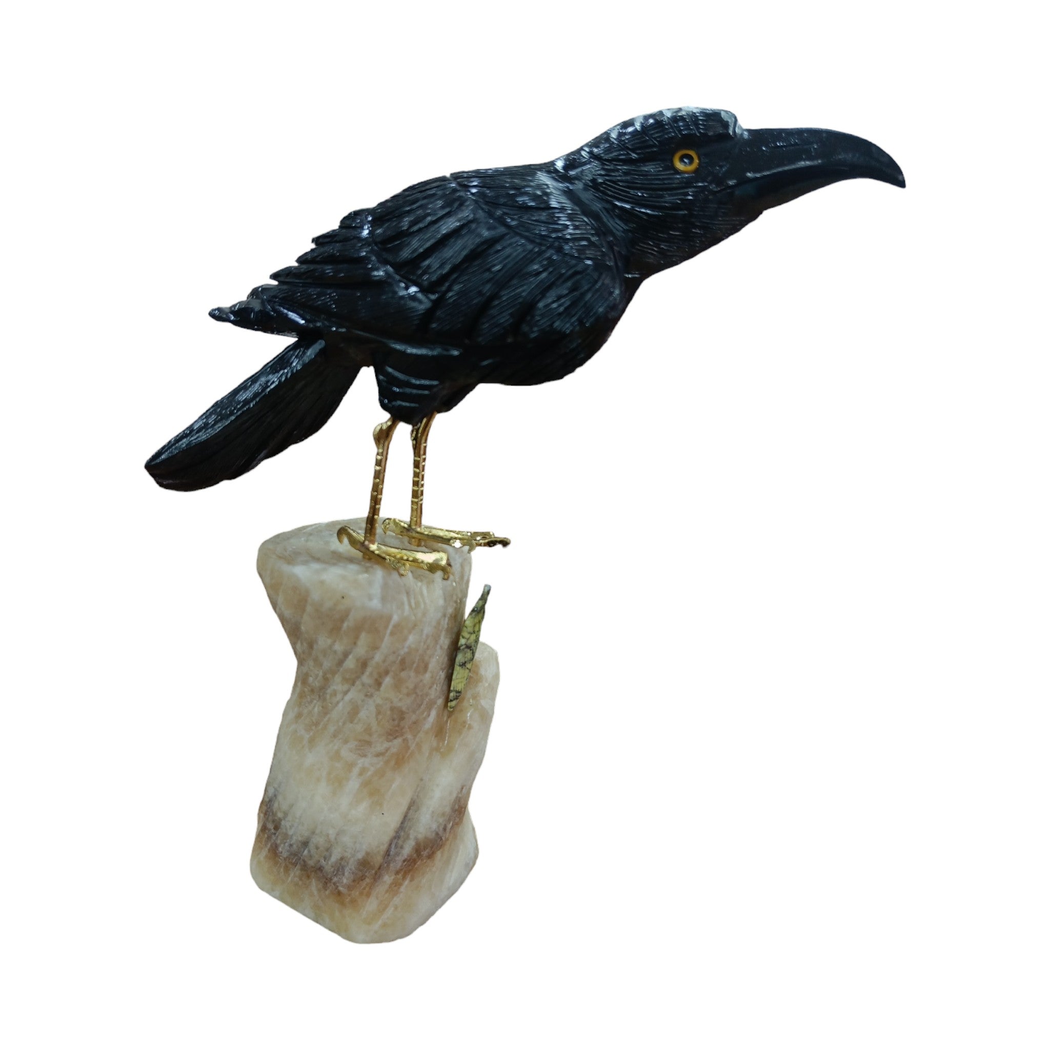 Black Onyx Raven Bird Carving with Aragonite Stand
