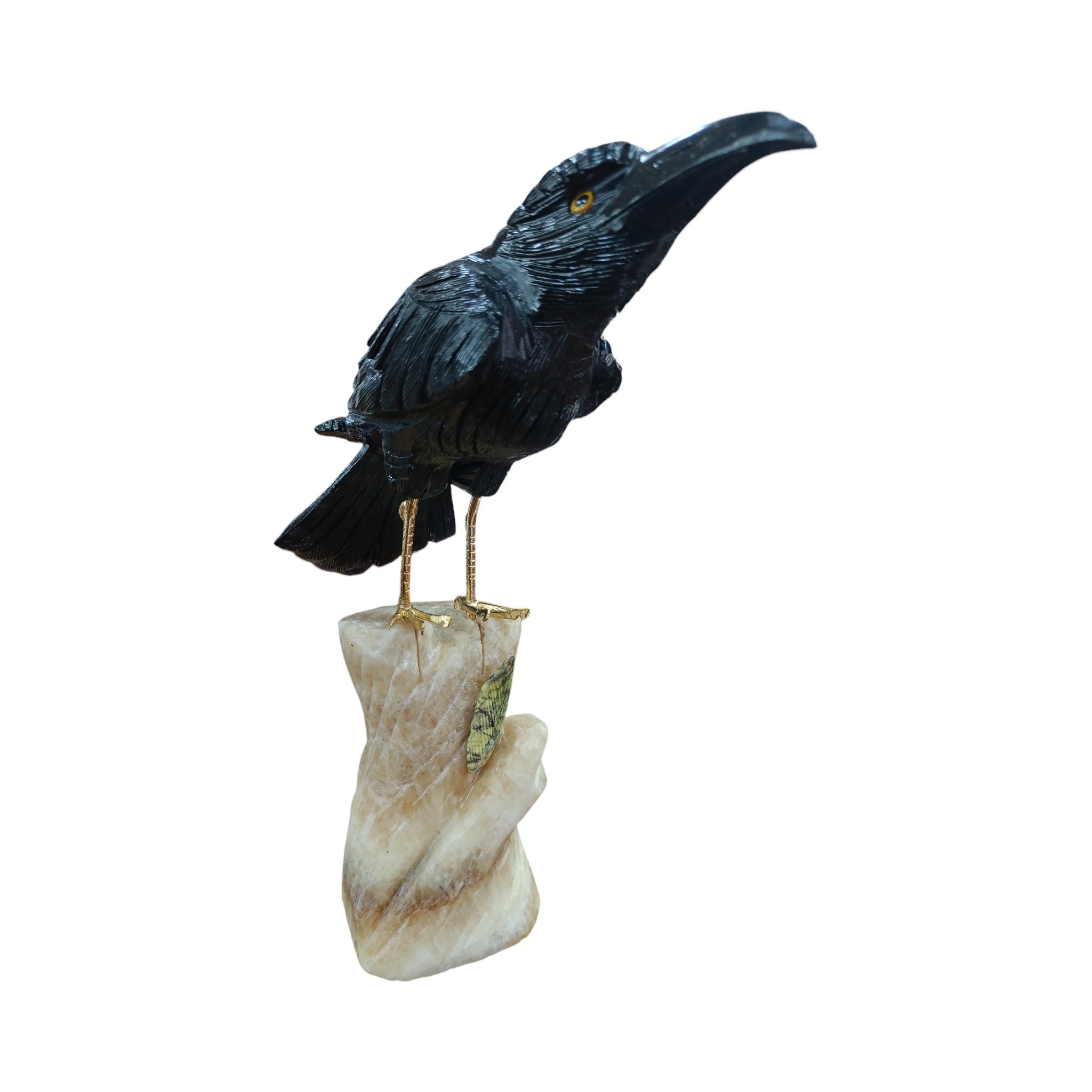 Black Onyx Raven Bird Carving with Aragonite Stand