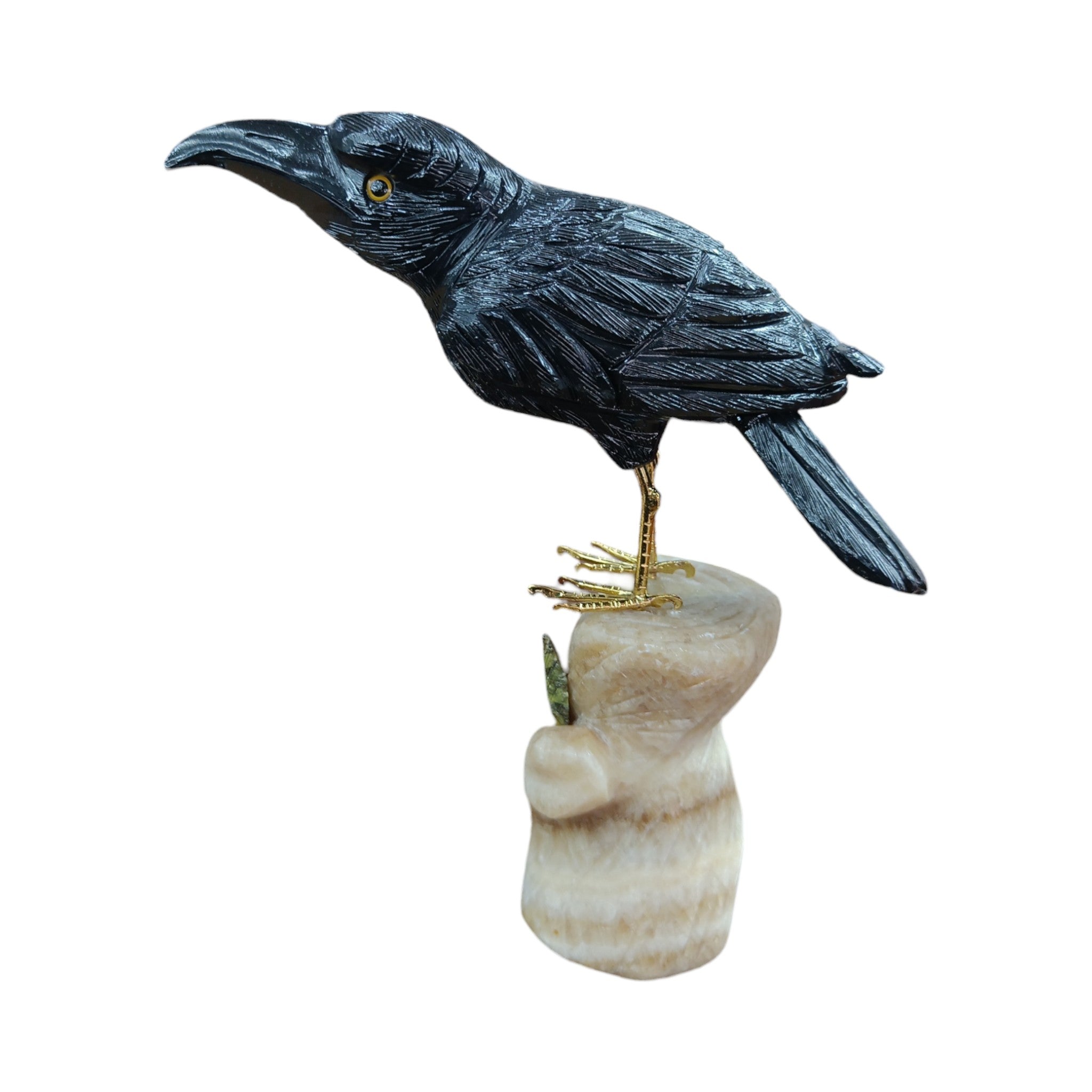 Black Onyx Raven Bird Carving with Aragonite Stand