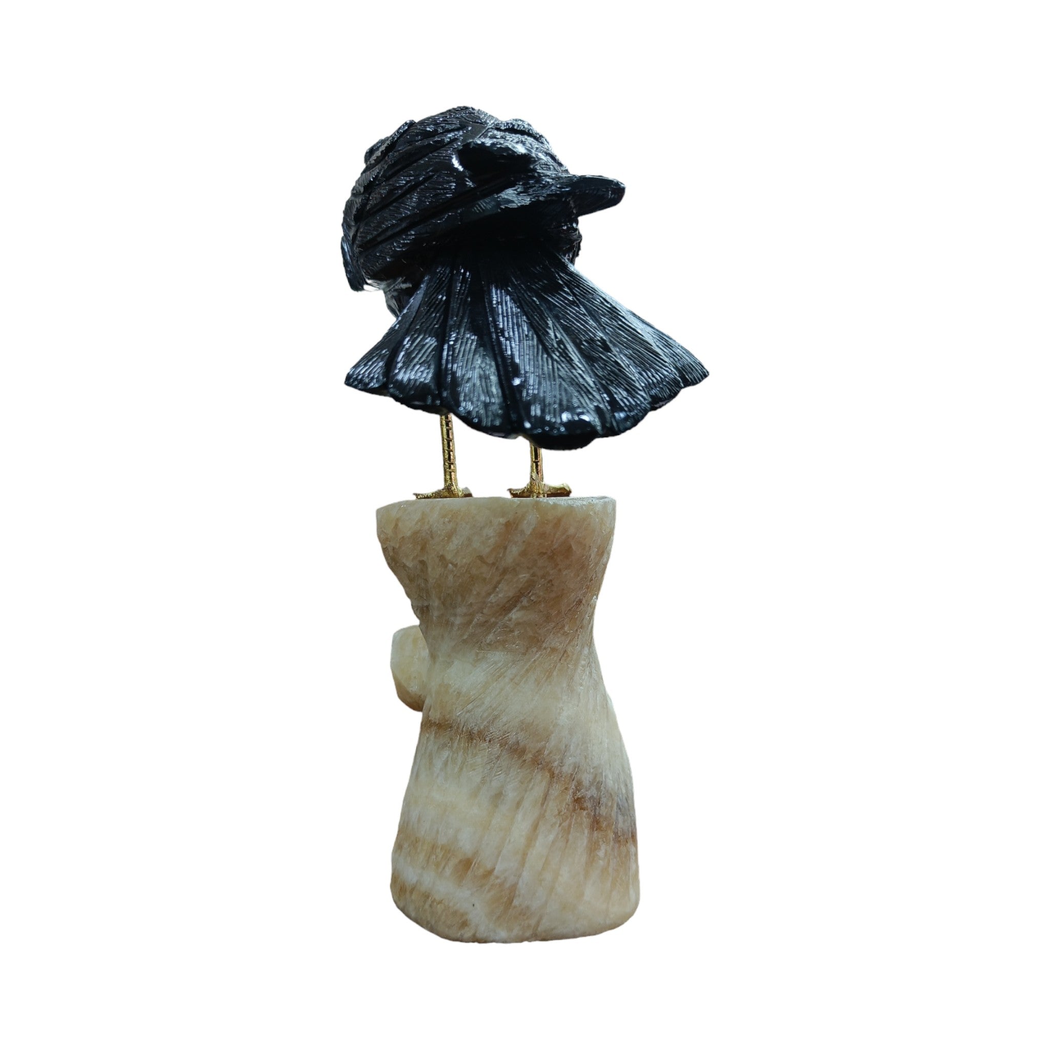 Black Onyx Raven Bird Carving with Aragonite Stand