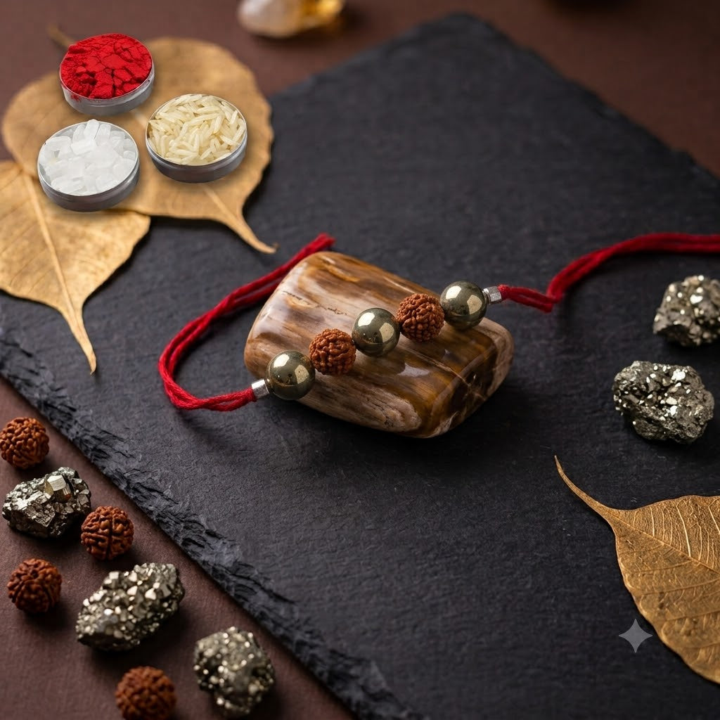 A Pyrite with Rudrakhsa Rakhi with red cord , displayed on a dark slate board with decorative leaves, crystals, and small containers of powders.