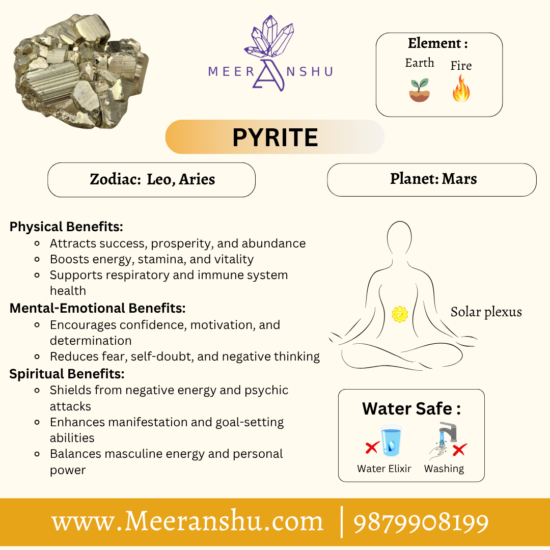 Pyrite information card with crystal image, product name, and contact details on a white background
