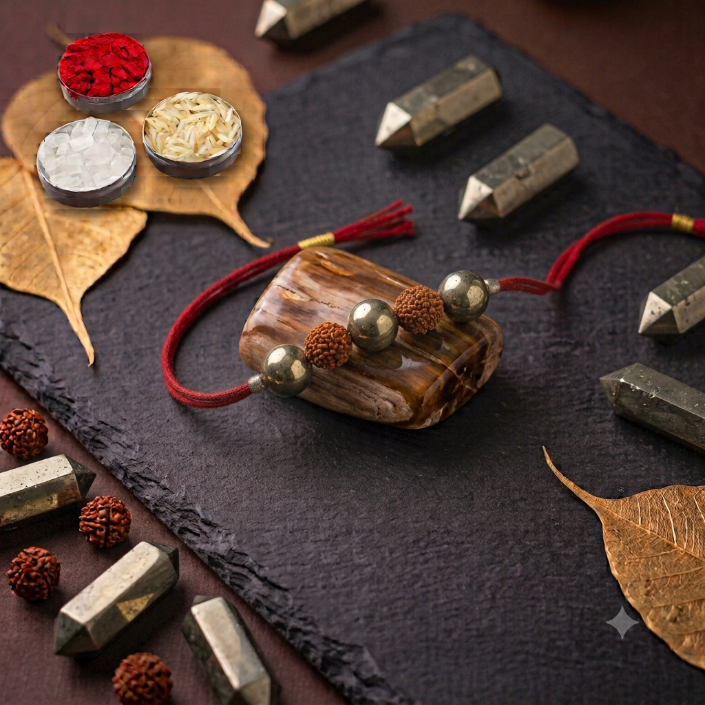 Original Pyrite and Rudraksha crystal Rakhi on an adjustable red thread, styled with traditional Raksha Bandhan pooja accessories on a dark slate background.