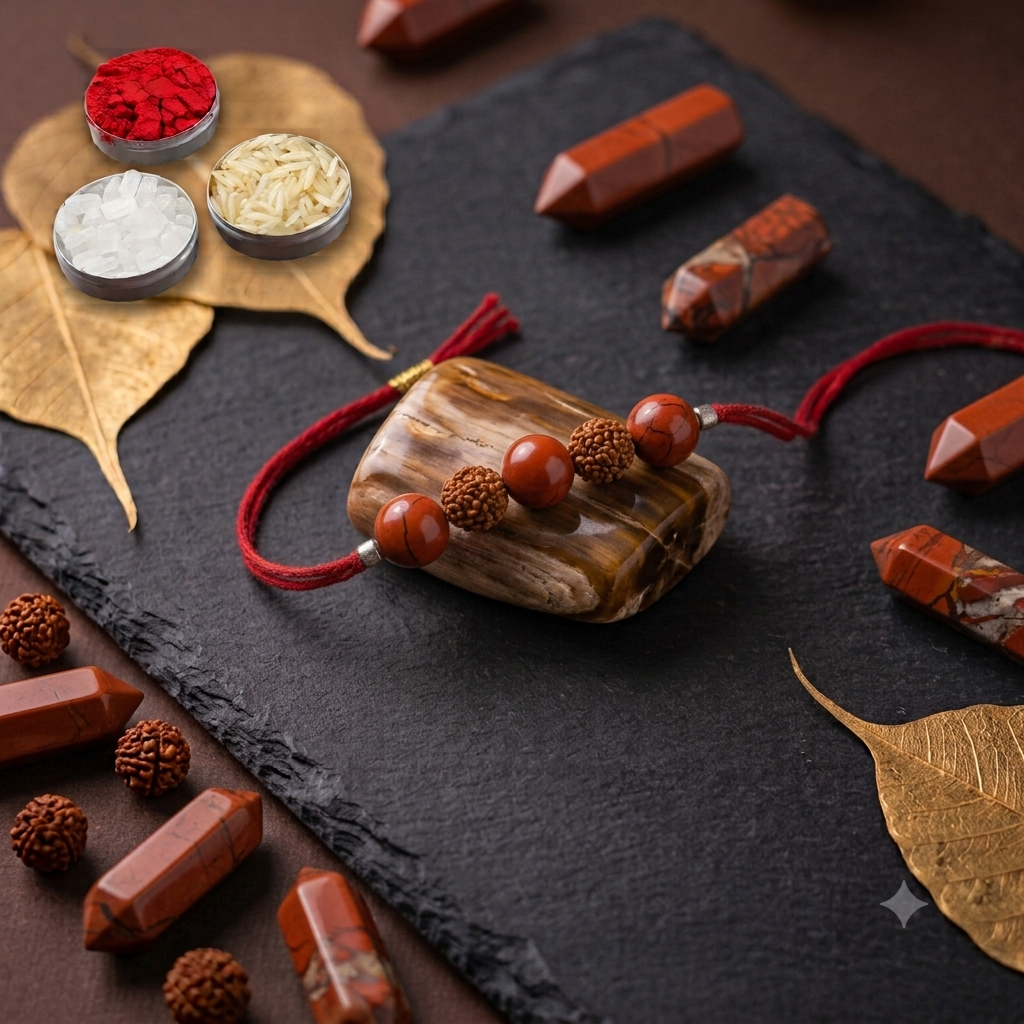 Original Red Jasper and Rudraksha crystal Rakhi on an adjustable red thread, styled with traditional Raksha Bandhan pooja accessories on a dark slate background.