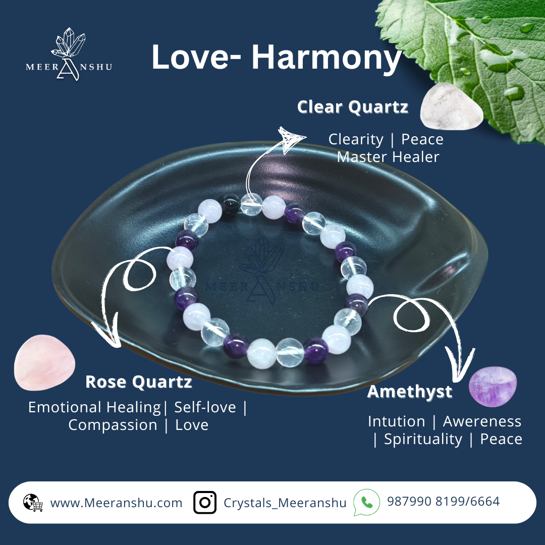 Combination bracelet  explaining card with clear quartz, rose quartz , and amethyst stones on a dark background with 'Meeranshu' branding.