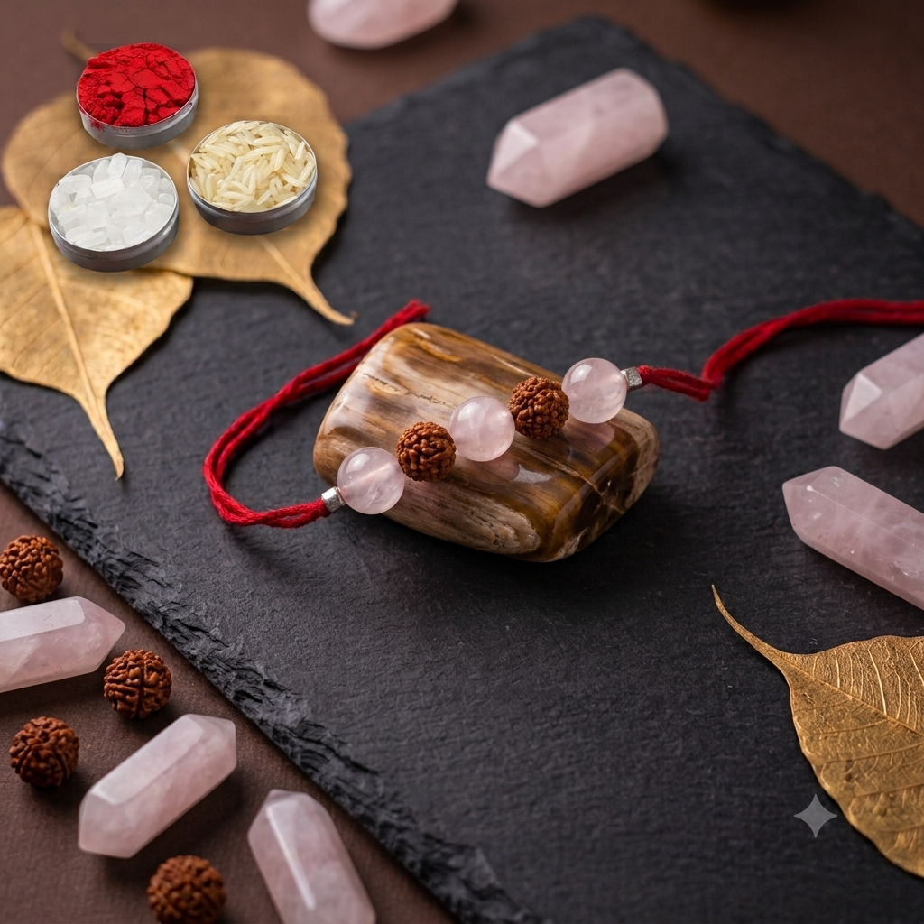 Rose quartz with rudraksha rakhi with thread 