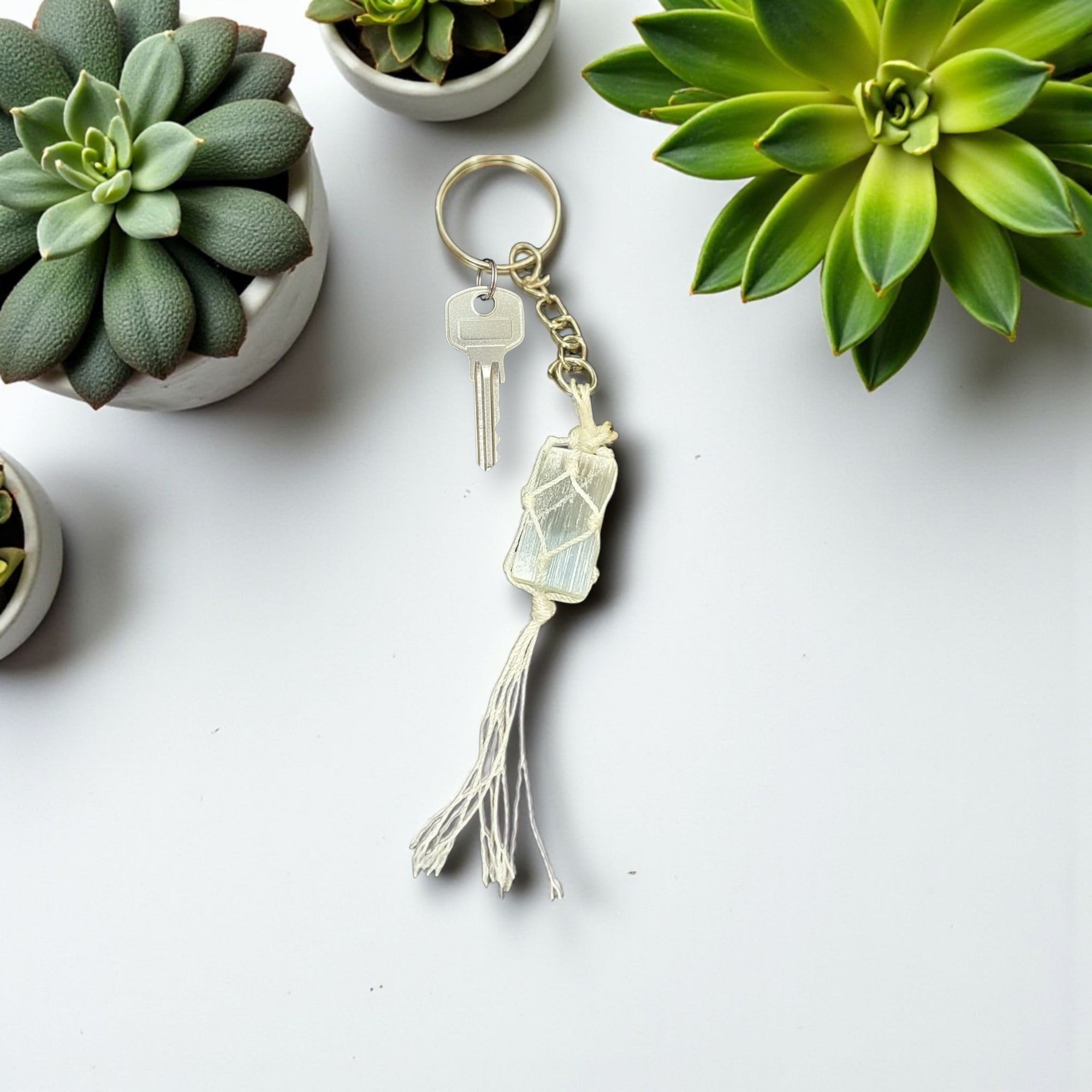 Selenite Raw Tumble Key Ring – Purity • Clarity • Protection