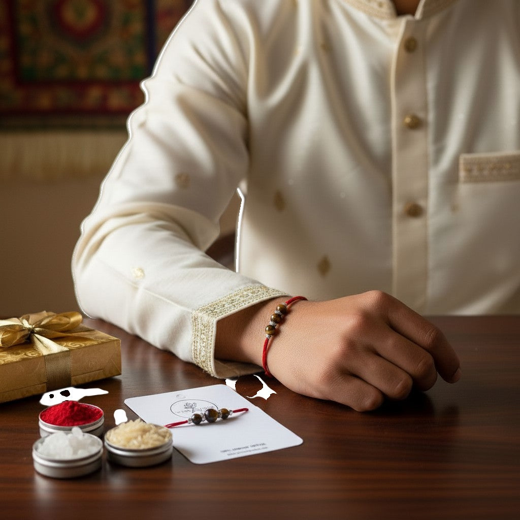 A person wearing a cream-colored traditional kurta rests their hand on a wooden table, wearing a Tiger eye beaded wrist rakhi. On the table in front of them is a gift box, kumkum - chawal, and a card with a matching bracelet.