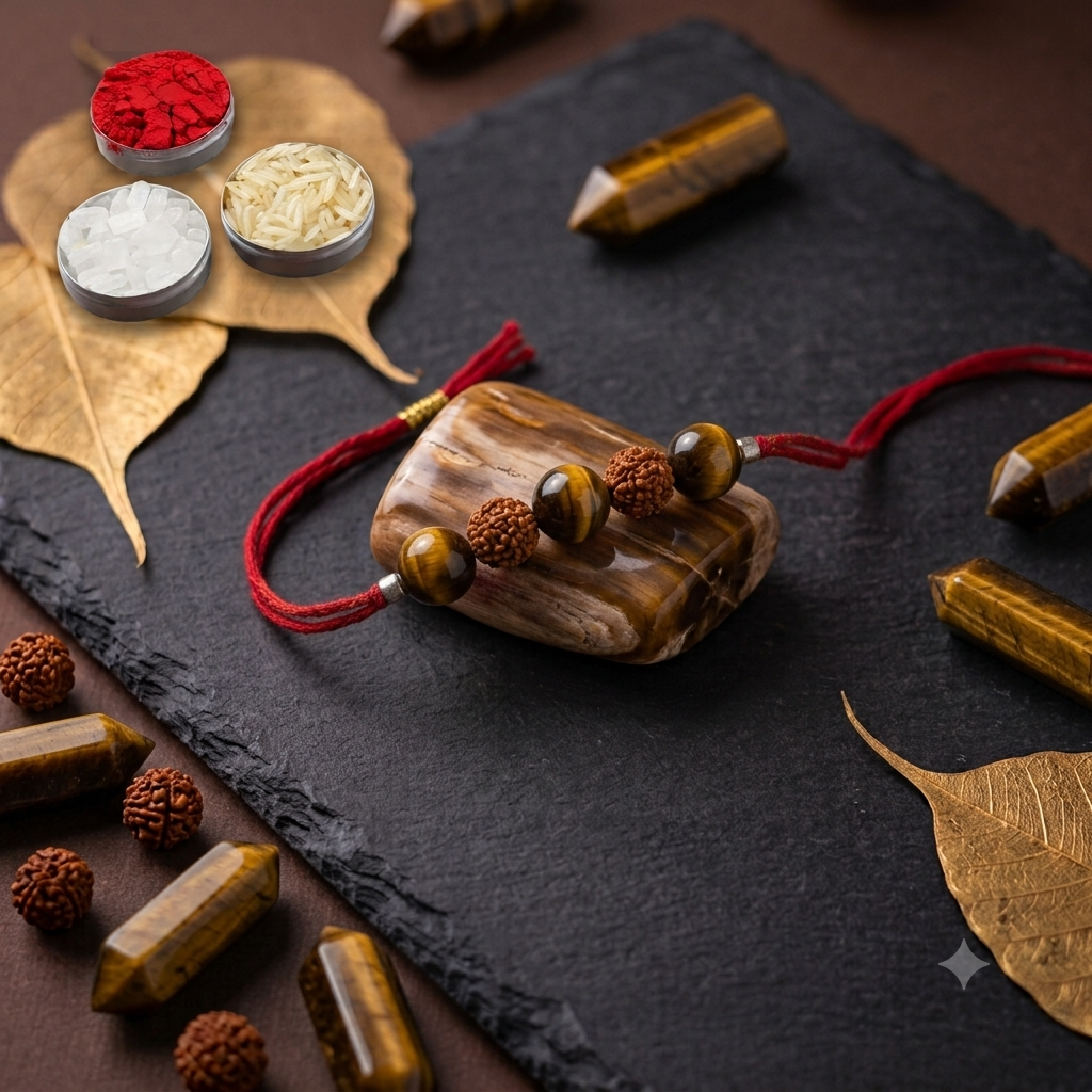 Original Tiger Eye and Rudraksha crystal Rakhi on an adjustable red thread, styled with traditional Raksha Bandhan pooja accessories on a dark slate background.