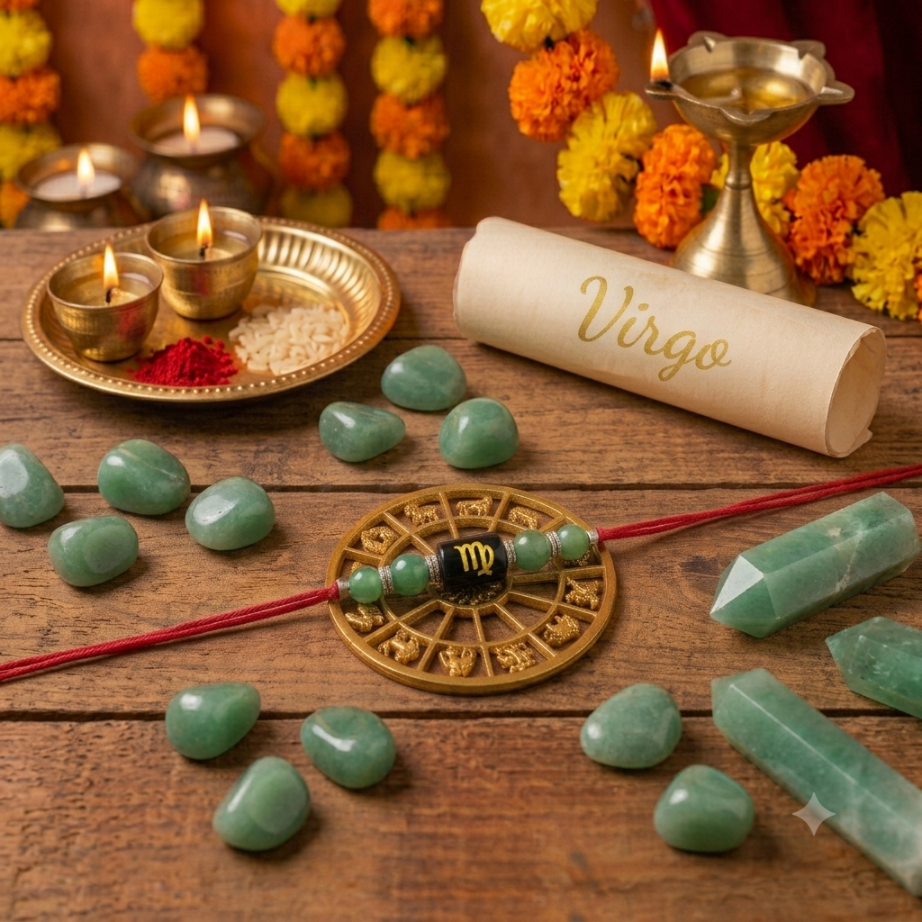 A red string rakhi with a black and gold Virgo zodiac symbol bead is displayed on a wooden surface alongside green crystal stones, a brass zodiac wheel, a rolled parchment labeled 'Virgo', and lit candles with marigold garlands in the background.