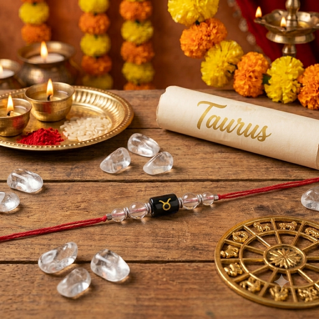 A red thread Rakhi with a black astrological zodiac bead featuring the Taurus symbol, displayed on a rustic wooden table alongside a cream-colored Taurus scroll, clear crystals, a brass zodiac wheel, and festive marigold garlands.