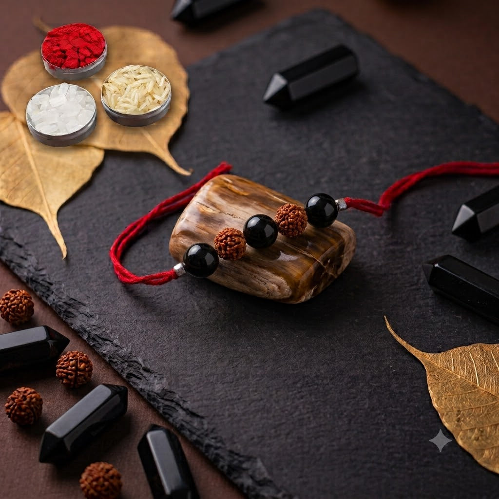 A overhead view of a handcrafted Rakhi placed at the center, on a brown polished stone. The Rakhi is made with alternating three black beads and two brown textured Rudraksha beads strung on a red thread. Surrounding it are loose black point crystals and scattered Rudraksha beads. In the top left, three small metal bowls hold ritual offerings: red kumkum powder, raw rice grains, and white sugar cubes. Dried golden leaves are placed under the bowls. The entire arrangement is set on a dark, textured slate surf