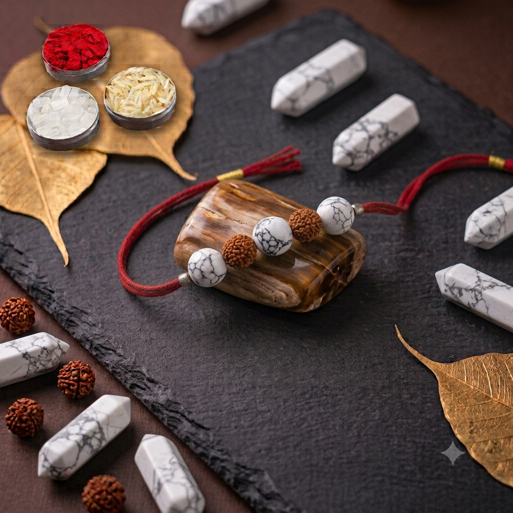 Original Howlite and Rudraksha crystal Rakhi on an adjustable red thread, styled with traditional Raksha Bandhan pooja accessories on a dark slate background.