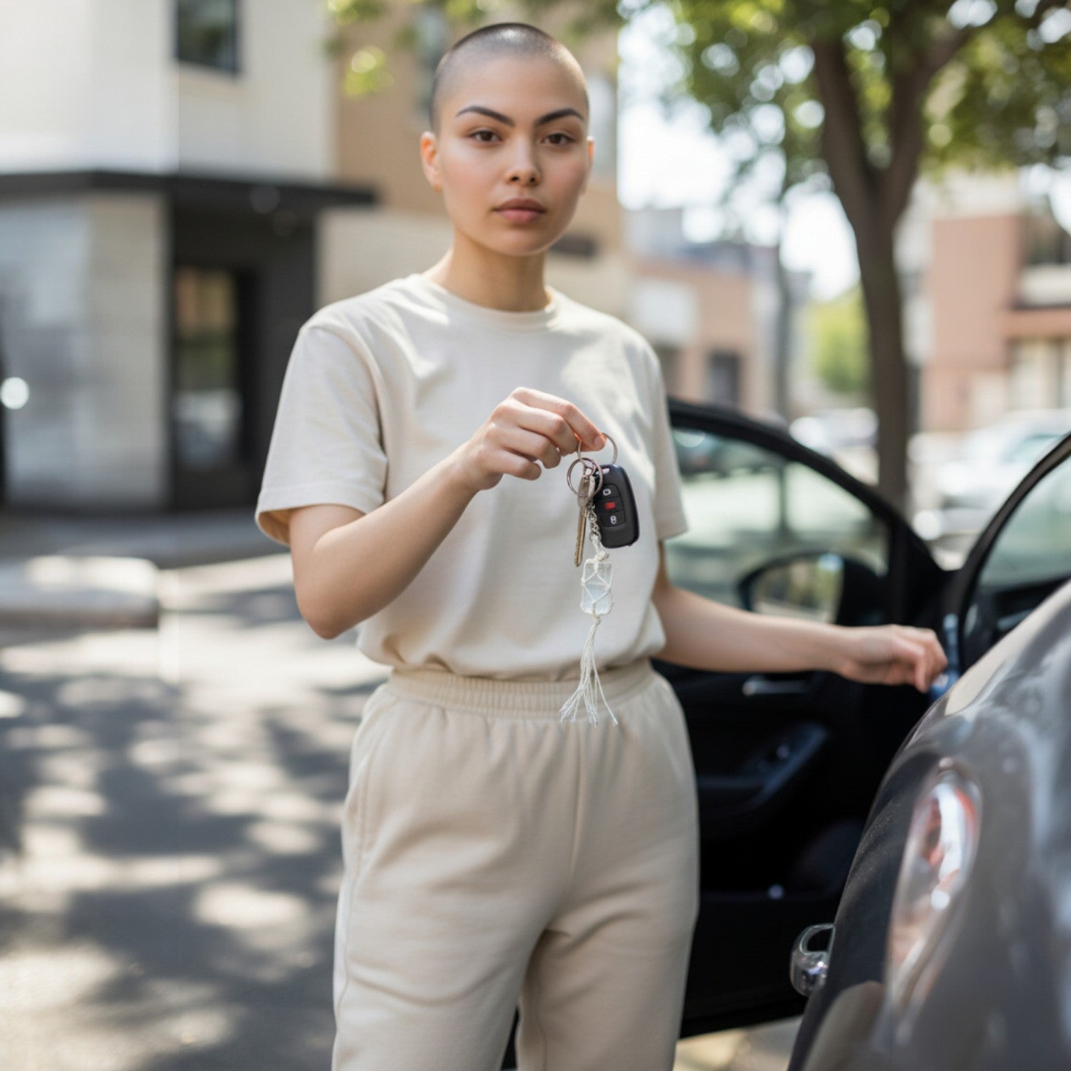Woman holding selenite key ring with  car keys next to a car on a city street